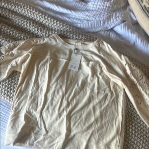 Stitch and Feather Cream Long Sleeve Top